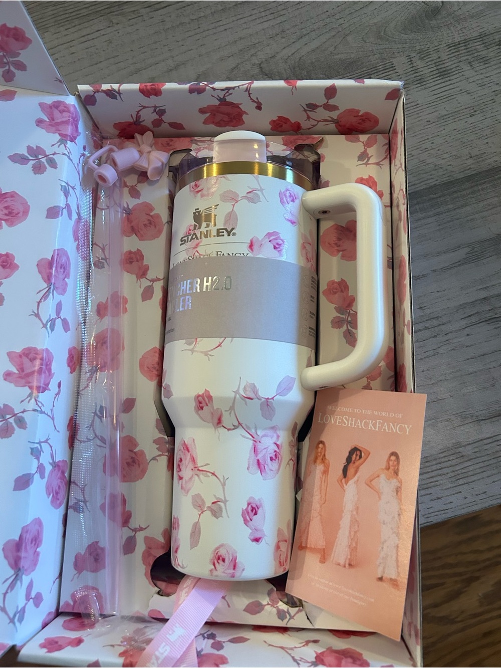 Stanley White & Pink Floral Love Shack Fancy Tumbler with Straw and Lanyard - Picture 5 of 7